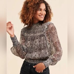 Free People - Roma Snake Print Sheer Smocked Blouse - Size S